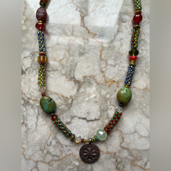 Artisan created beaded necklace with Thai silver pendant. 16”. - Picture 3 of 7